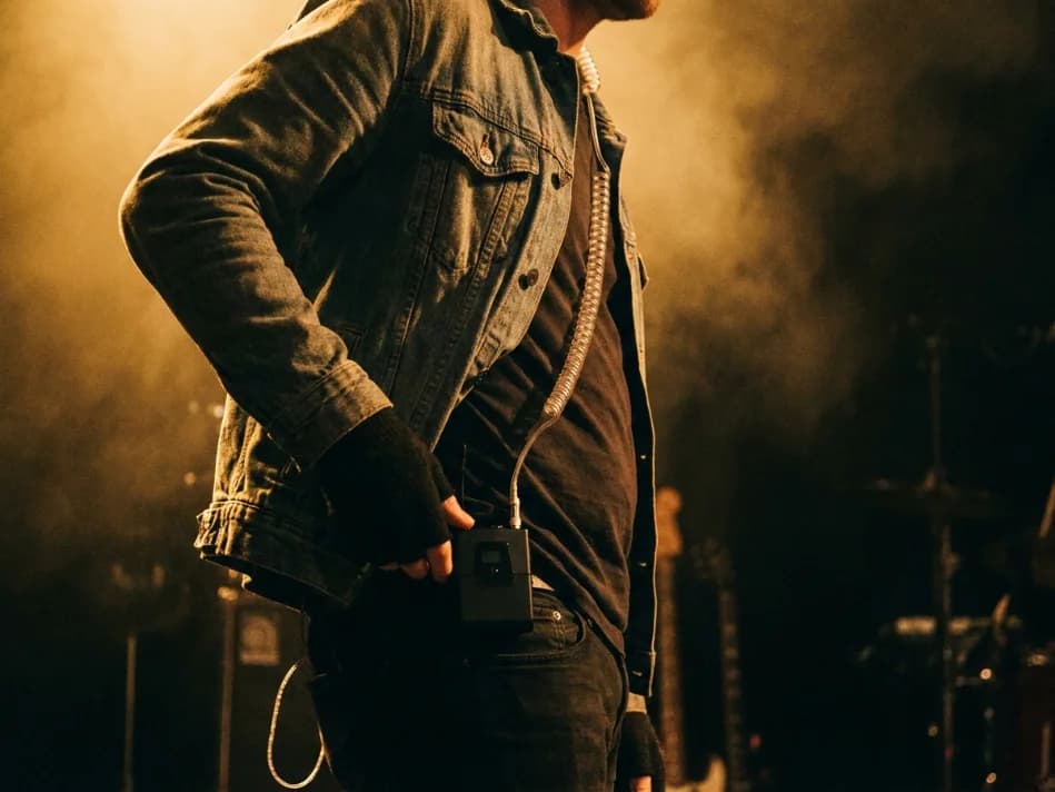 Musician wearing in ear monitors on stage